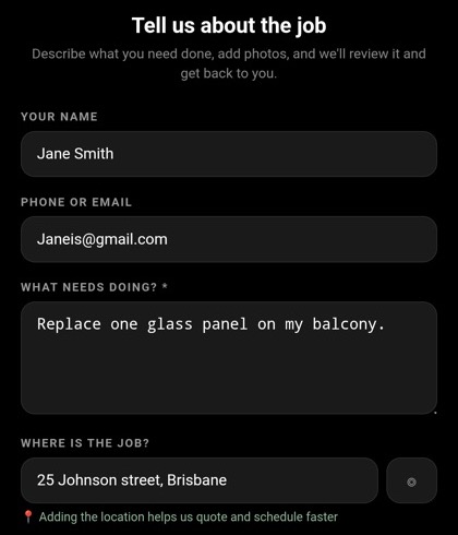 The client request form in a phone browser: name, contact, what needs doing, where the job is, and photos